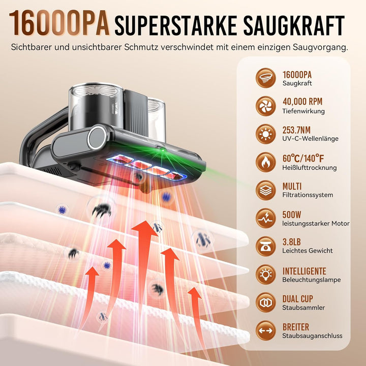 Milbensauger für matratzen mit UV-Licht, 16Kpa Matratzenreiniger Bettstaubsauger, 500W Bett-Staubsau