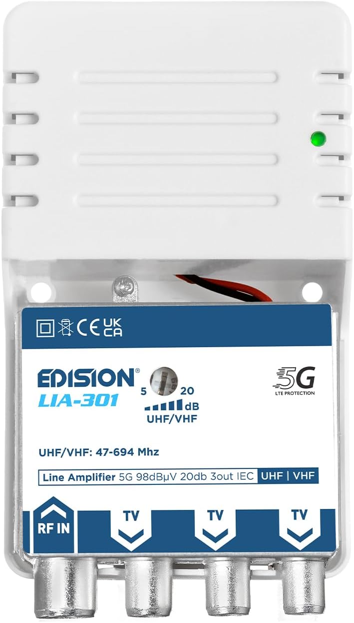 EDISION LIA-301 Hausanschlussverstärker UHF/VHF, 5-20db, 98dBmV, Frequenzbereich 47-694Mhz, geeignet