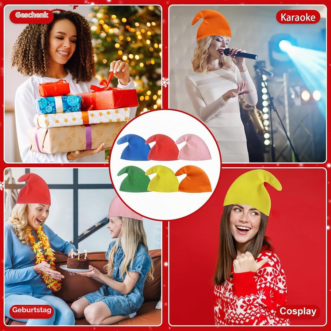 6 Stück Zwergenmütze für Erwachsene, Bunte Wichtelmützen Weihnachtsmann Zipfelmütze Zwerge Kostüm Gr