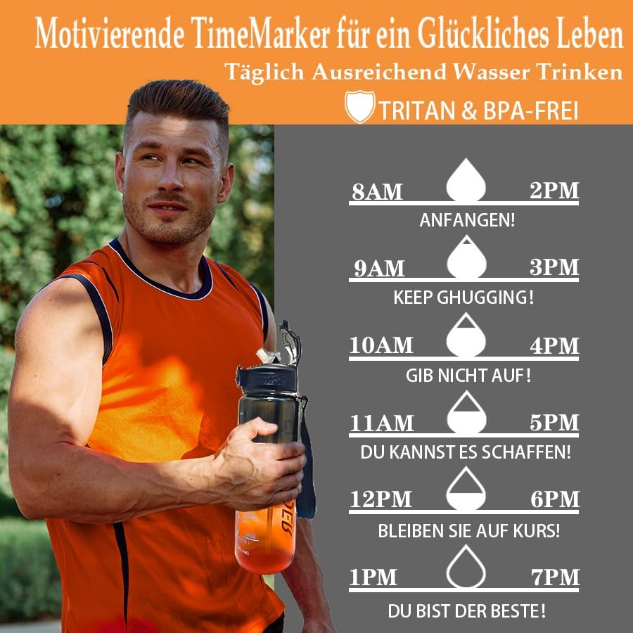 Deutsch Trinkflasche, Trinkflasche 1L mit Strohhalm und motivierender Zeitmarkierung, Tritan BPA fre