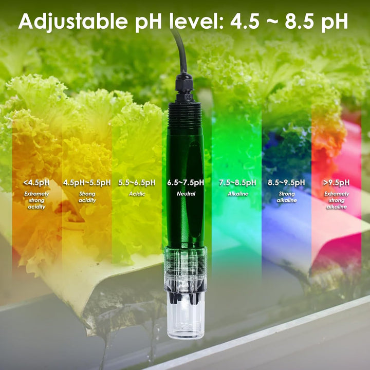 pH-Regler mit Temperaturkompensation, einstellbarer pH-Regelbereich von 4,5 bis 8,5 pH, doppelte Rel