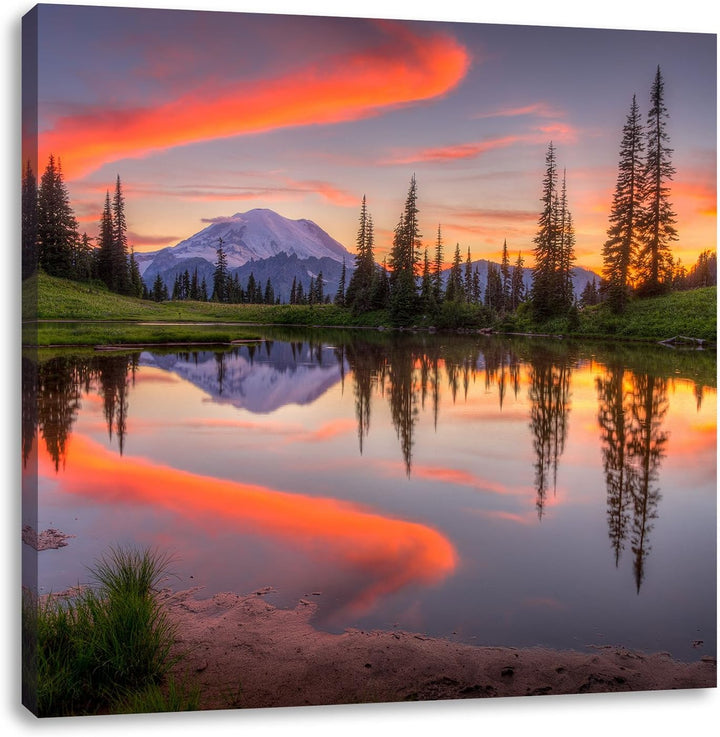 Pixxprint Sonnenaufgang Berglandschaft, Format: 70x70 auf Leinwand, riesige Bilder fertig gerahmt mi