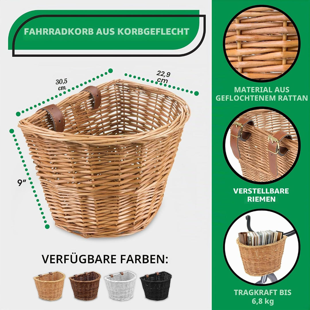 ProSource Wicker Bike Basket Front Cargo for Women and Men, Fits Most Bikes, Beach Cruiser, Stationa