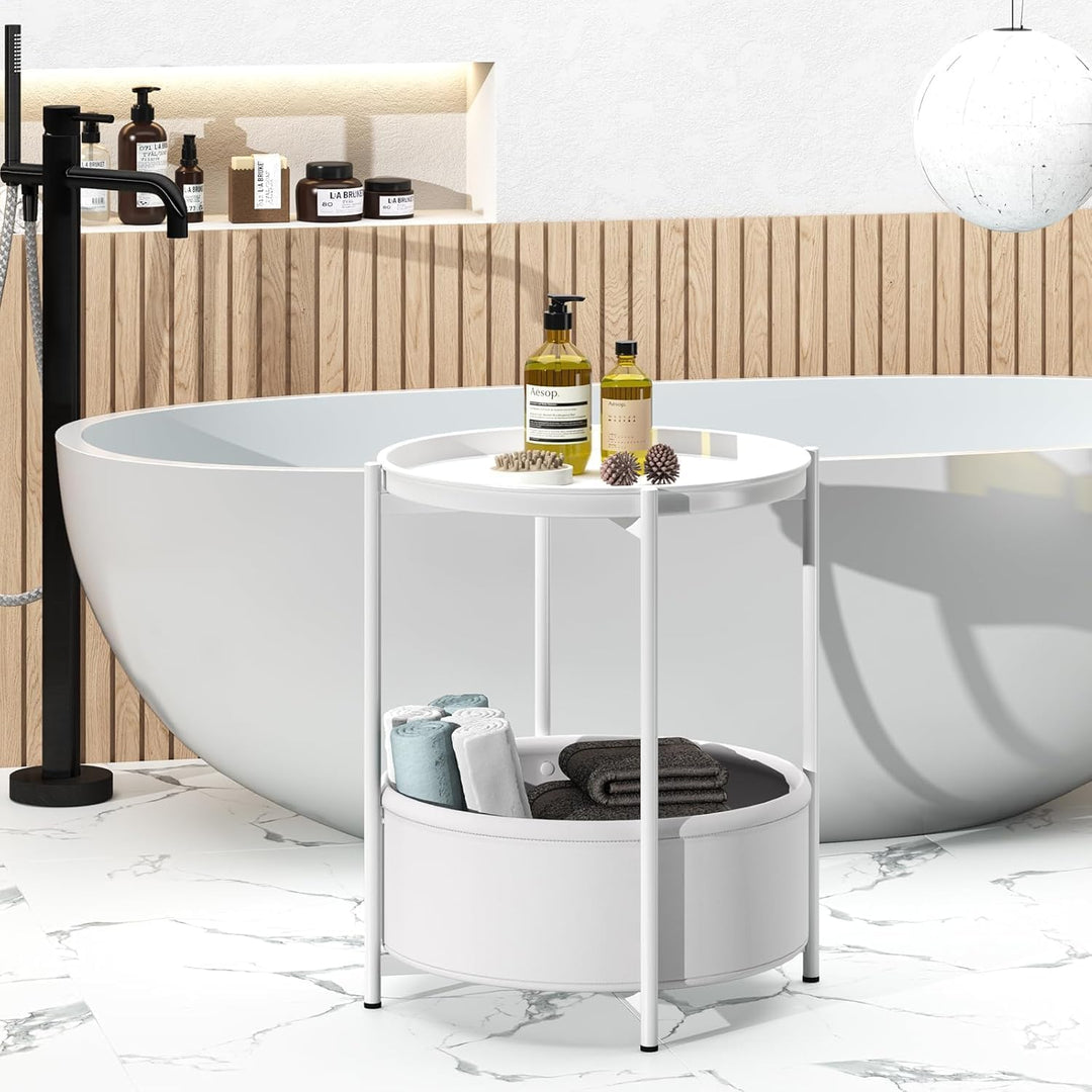 Beistelltisch Rund, Kleiner Tisch, Metall Balkontisch, Sofatisch 2 Ebenen, Couchtisch mit Korb aus S