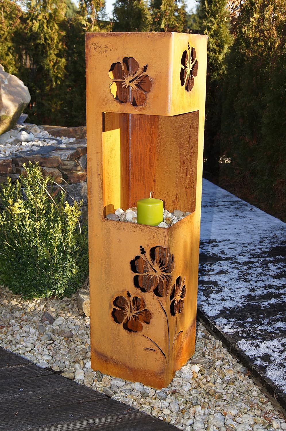 Feuersäule Hibiskus Edelrost Rost Metall Gartendeko Garten Stele Fackel Feuer Säule