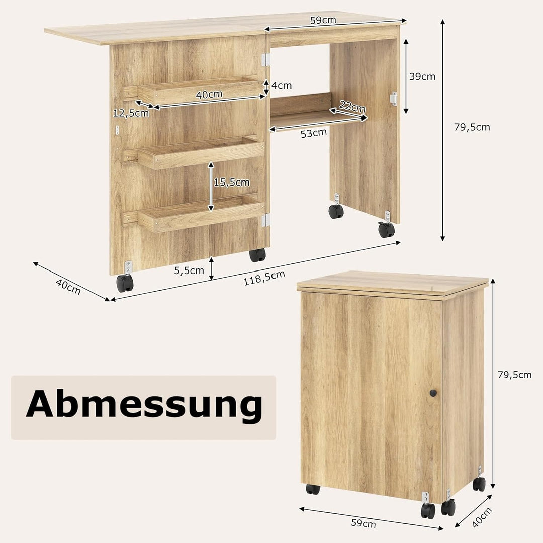 GIANTEX Nähtisch klappbar, Nähmaschinentisch auf Rollen, Nähtisch für Nähmaschine, Nähschrank Holz,