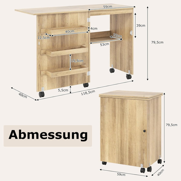 GIANTEX Nähtisch klappbar, Nähmaschinentisch auf Rollen, Nähtisch für Nähmaschine, Nähschrank Holz,