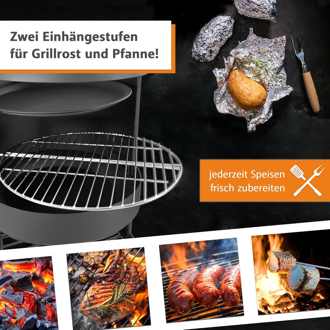 Lemodo Gartenkamin mit Grillrost und Pfanne, Outdoor-Kamin 136cm mit Funkenschutztür, Grillkamin für