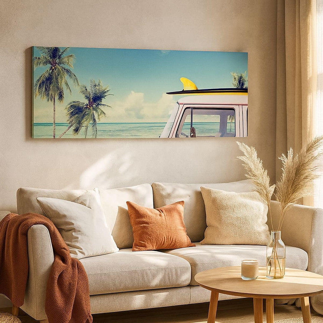 Wandbilder Dekoration Wohnzimmer Auto Surfbrett Strand Ozean Panorama Bilder auf Leinwand 120x50cm L