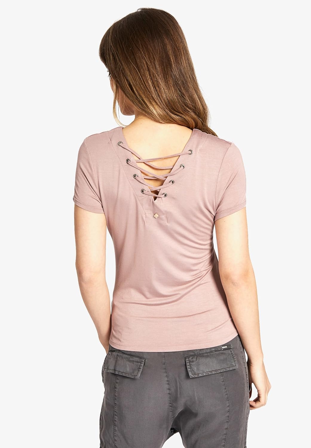 khujo Damen Shirt Momoko weiches Jersey T-Shirt mit Kreuzschnürung am Rückenausschnitt