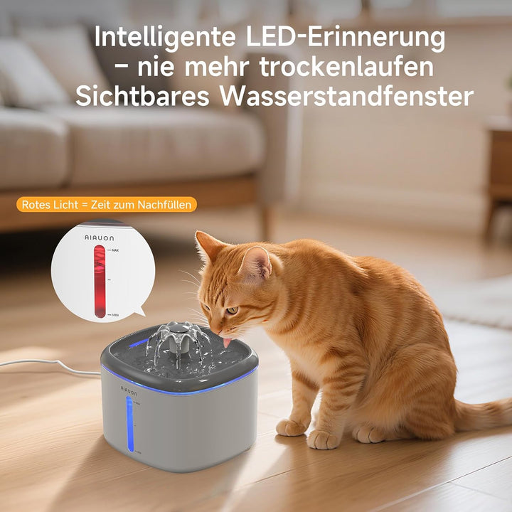 Trinkbrunnen für Katze, 2,5L Katzenbrunnen Leise mit 2 Ersatzfiltern und LED-Wasserstandsfenster für