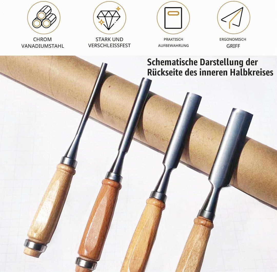 4 Stück Holz Meissel Set,Stechbeitel Rund Gebogen Hohlbeitel Set,CR-V Stahl halbkreisförmige Kante 8