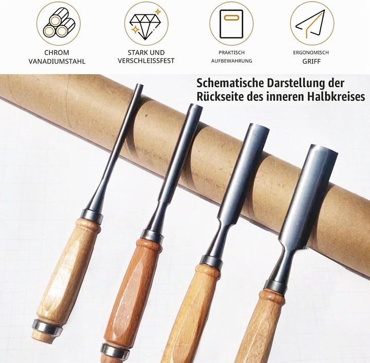 4 Stück Holz Meissel Set,Stechbeitel Rund Gebogen Hohlbeitel Set,CR-V Stahl halbkreisförmige Kante 8