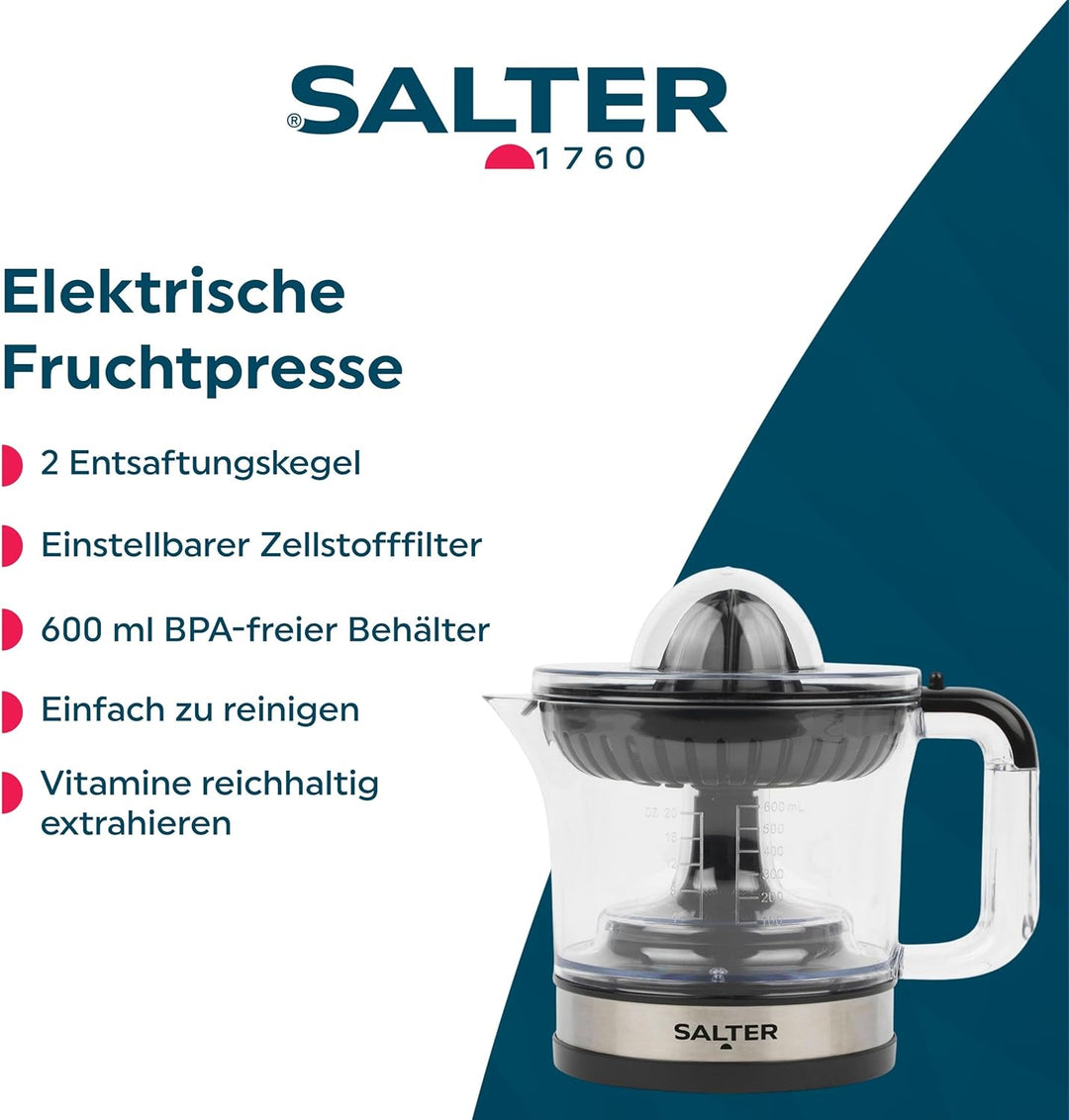 Salter Elektrische Zitruspresse – Extraktor für Zitrussaft, 600 ml Messbecher, BPA-frei, enthält 2 E