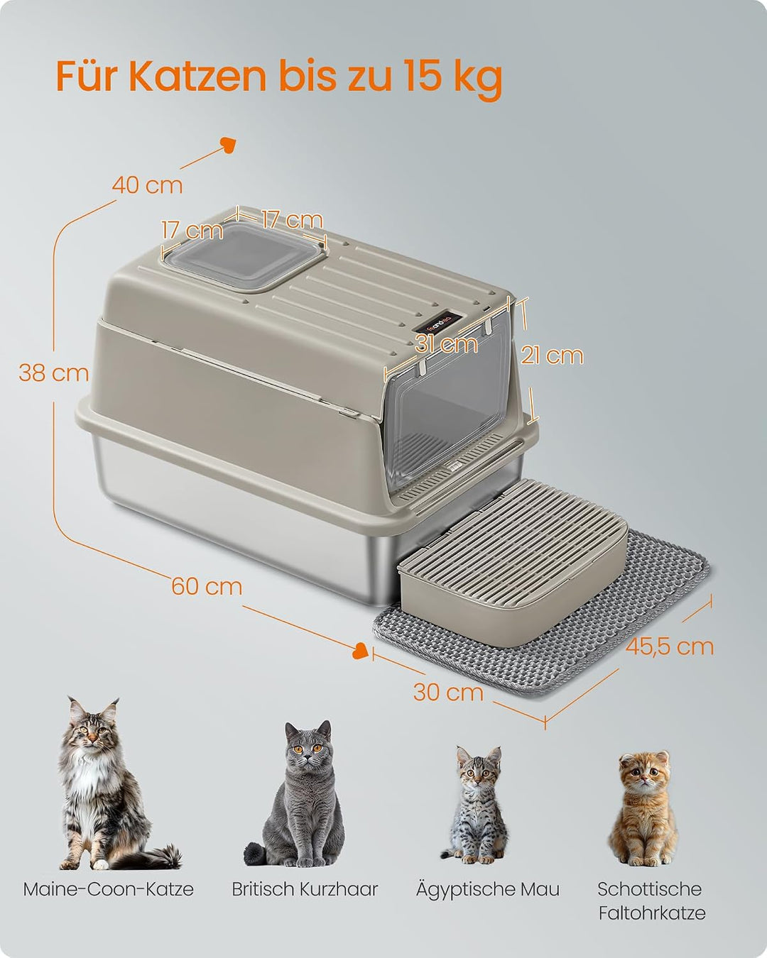 Feandrea Katzenklo Edelstahl, Katzentoilette mit Deckel, mit Schaufel, Katzenstreumatte und 2 Eingän