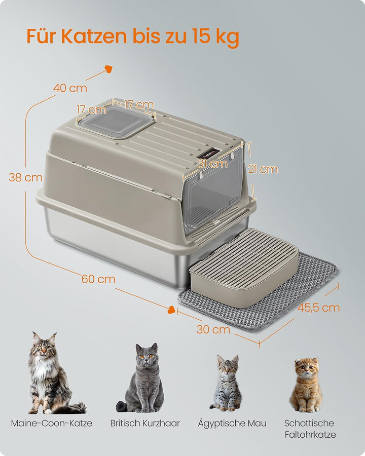 Feandrea Katzenklo Edelstahl, Katzentoilette mit Deckel, mit Schaufel, Katzenstreumatte und 2 Eingän