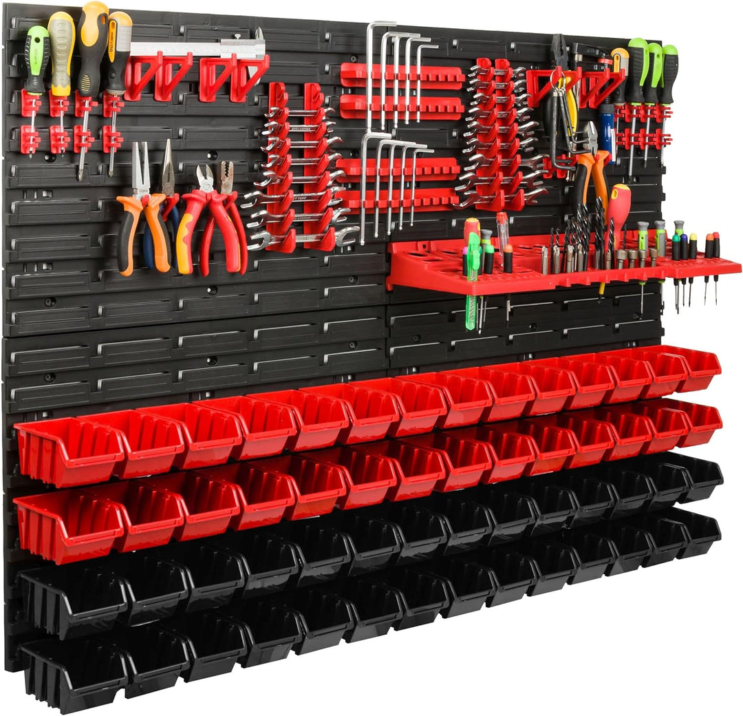 Lagersystem Werkstattregal | 115 x 78 cm | 56 stck. Box | Wandregal mit Werkzeughalterungen und Stap