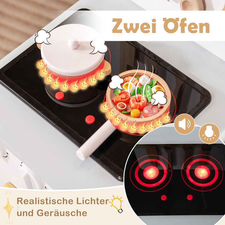 COSTWAY Kinderküche mit 10 Zubehör, Spielküche Holz mit Licht und Sound, Spielzeugküche mit Herd & S