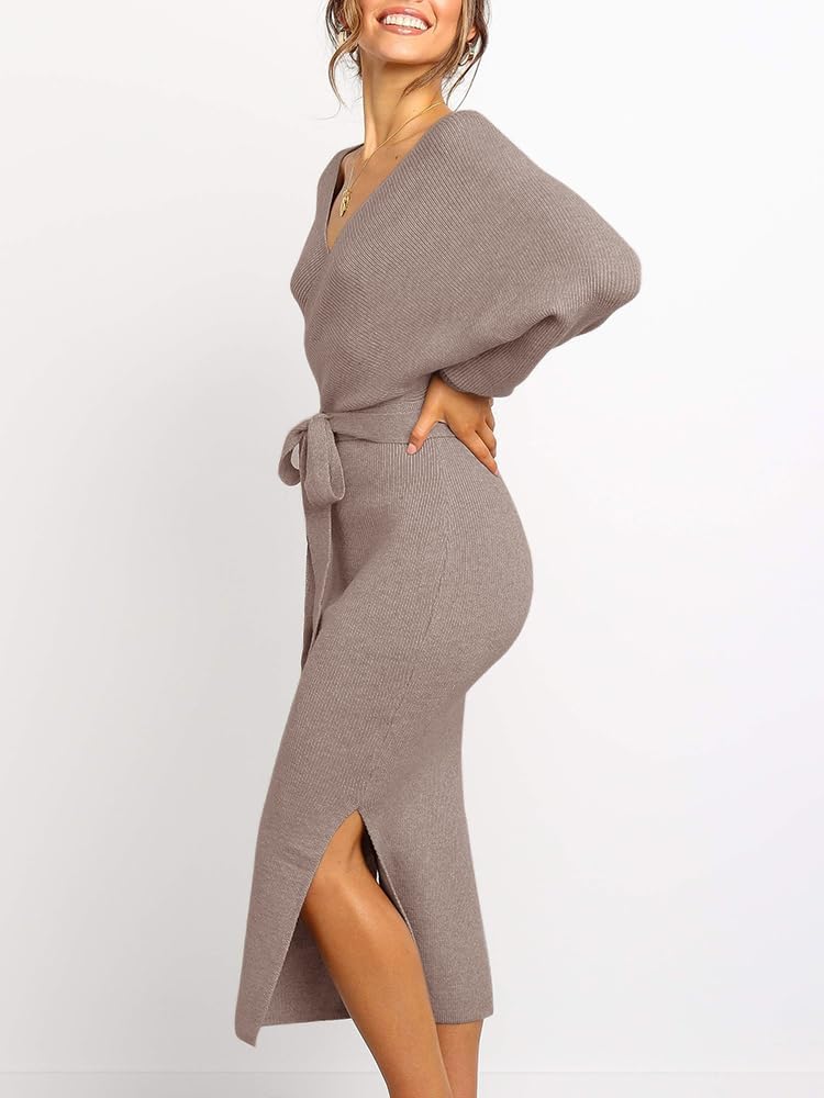 Saodimallsu Damen V-Ausschnitt Pulloverkleid Strickkleid Langarm Pullover Schlitz Offener Rücken Fig