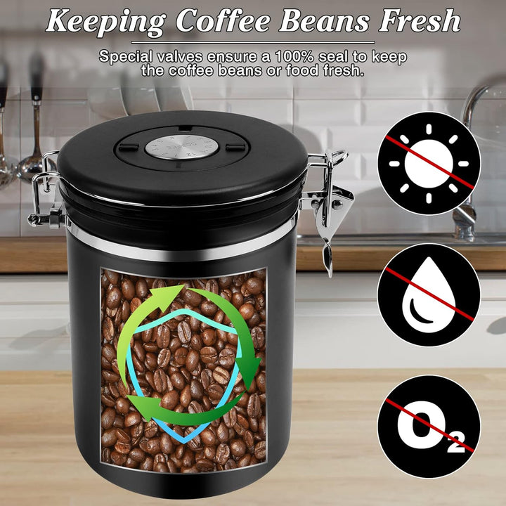 Kaffeedose Luftdicht aus Edelstahl 1,8L, Kaffee Dose Behälter mit Löffel，Bürste und Zeiterfassung Sp