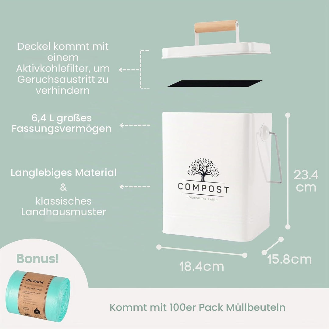 Perfnique Biomülleimer küche, 6L Komposteimer für die Küche, Geruchsdicht Komposteimer für den Innen