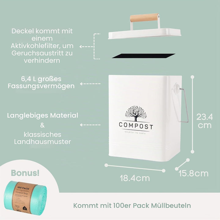 Perfnique Biomülleimer küche, 6L Komposteimer für die Küche, Geruchsdicht Komposteimer für den Innen