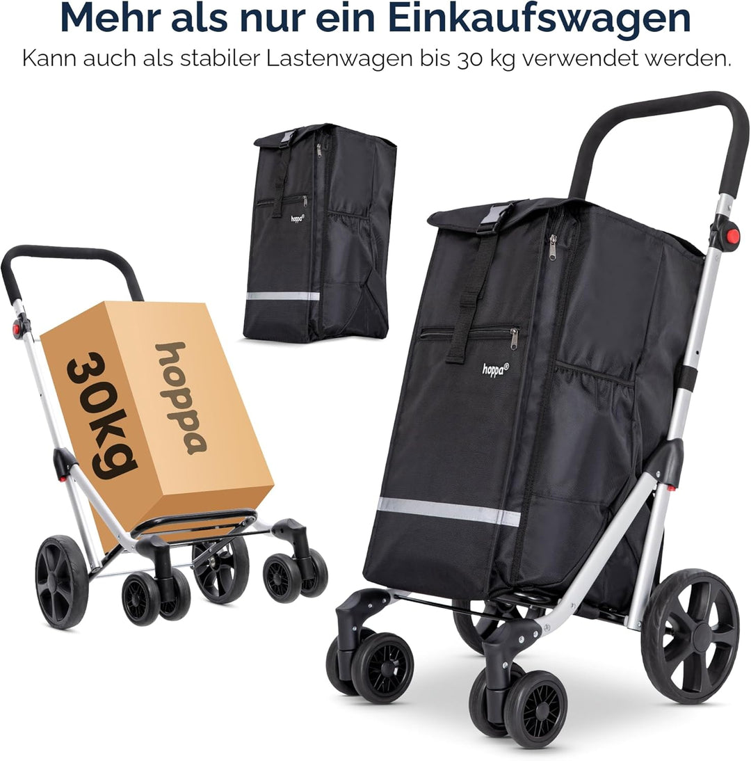 Hoppa – Einkaufstrolley | Grosser 74L klappbarer Einkaufswagen | Leichter 6-Räder-Trolley mit 5 Tasc