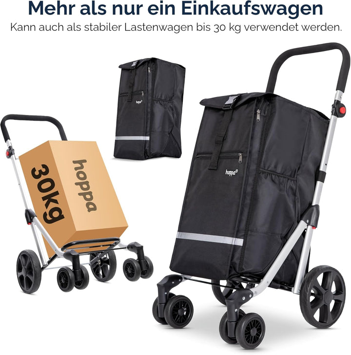 Hoppa – Einkaufstrolley | Grosser 74L klappbarer Einkaufswagen | Leichter 6-Räder-Trolley mit 5 Tasc