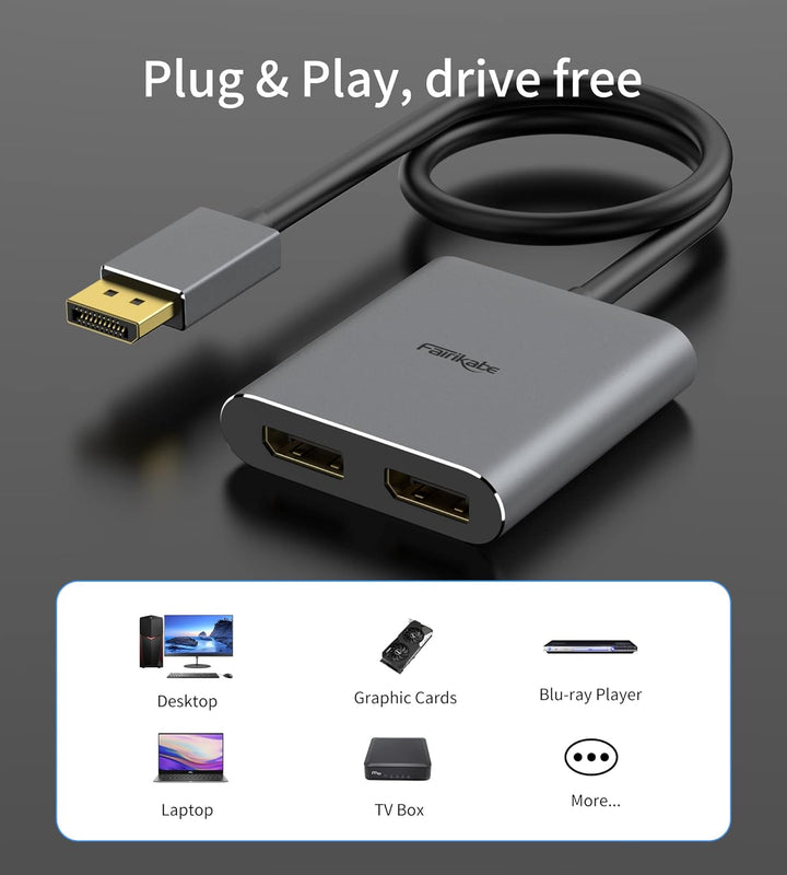 DisplayPort zu Dual DisplayPort Splitter Adapter 4K60Hz für Dual Monitor, MST DisplayPort Adapter er