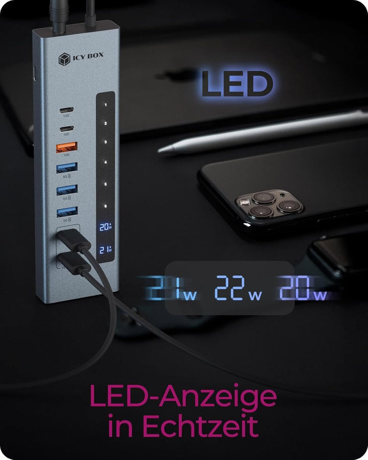 ICY BOX (11-in-1) USB-C Hub mit Kartenleser, 2X USB-C &amp; 1x USB-A (10 Gbit/s), 3X USB-A (5 Gbit/s), 1