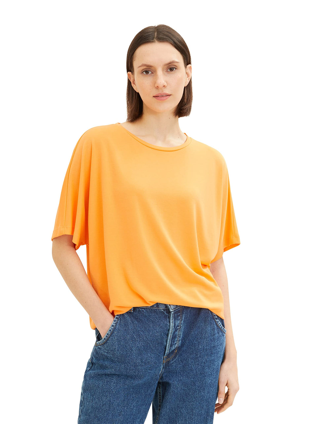 TOM TAILOR Damen Basic T-Shirt mit Bindedetail, 29751 - Bright Mango Orange
