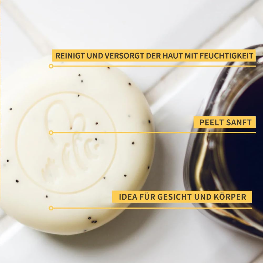 Bee Nature - Peeling Handschuh Grau & Seife Stück mit Seifenschale - Bio-Honig - Feuchtigkeitsspende
