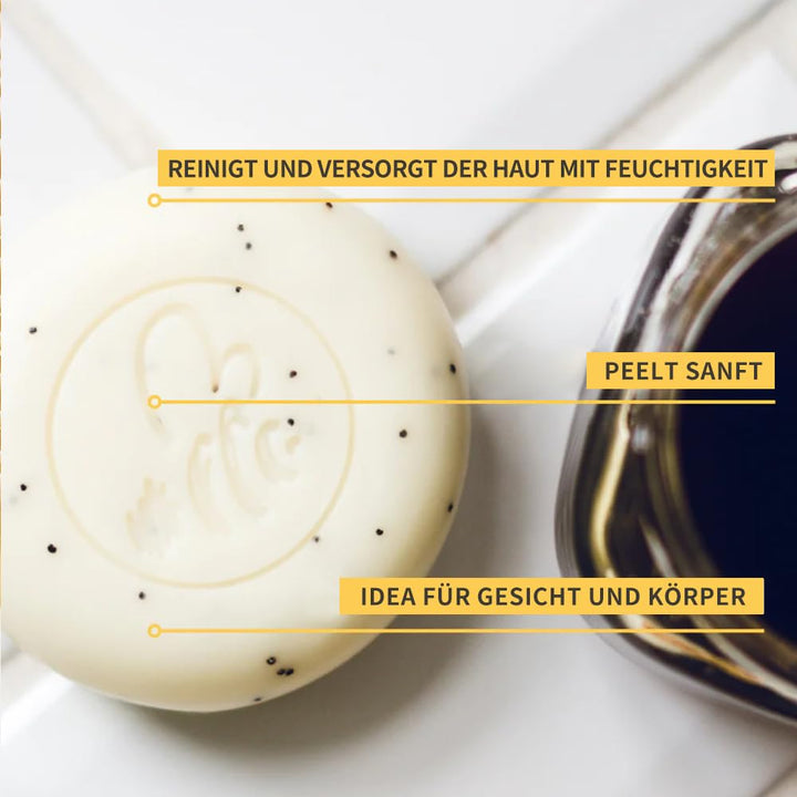 Bee Nature - Peeling Handschuh Grau & Seife Stück mit Seifenschale - Bio-Honig - Feuchtigkeitsspende