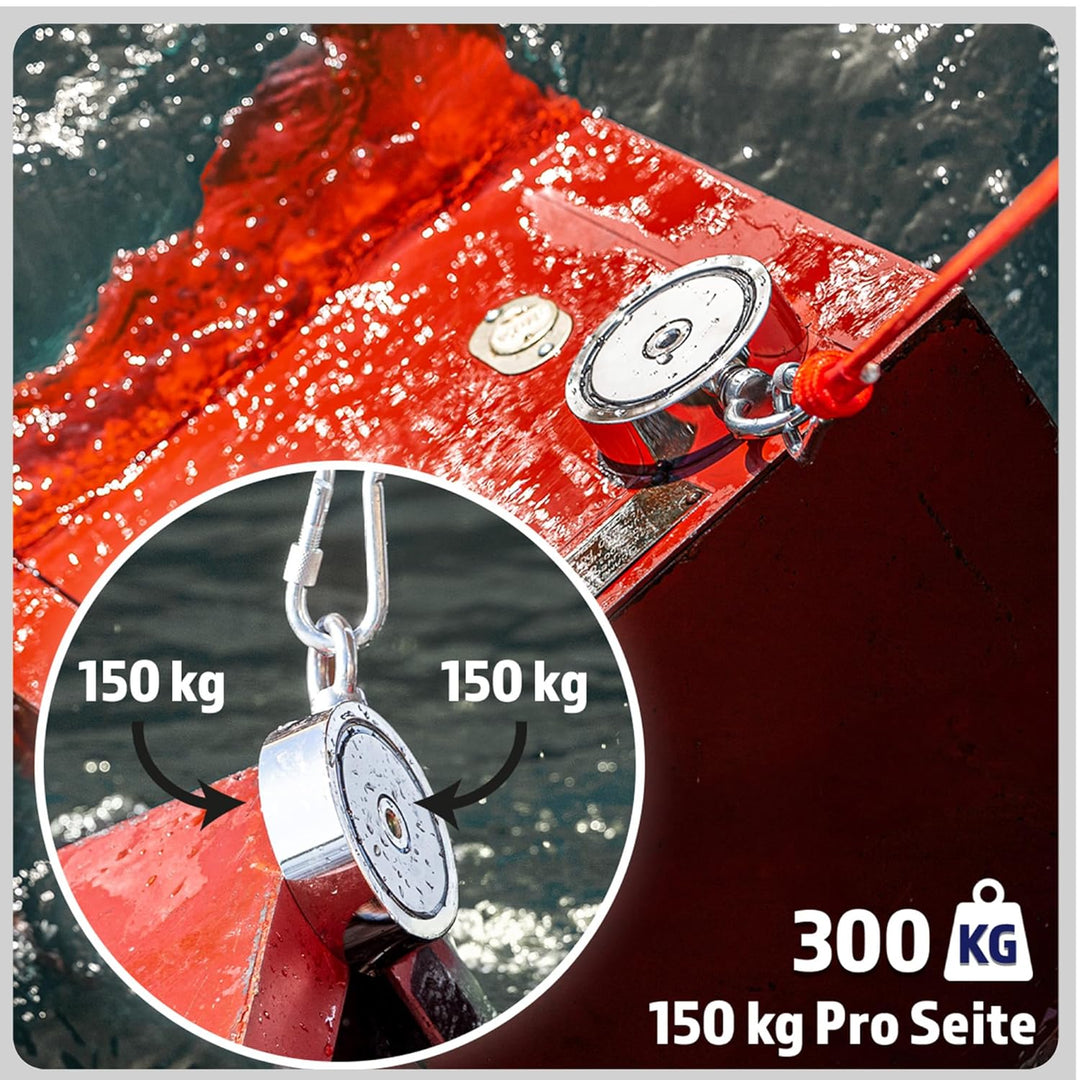Magnetfischen Mega Set - 300 KG (2 x 150kg) - Ø60mm - Neodym Magnet mit 2 Seilen, Greifhaken & Hands