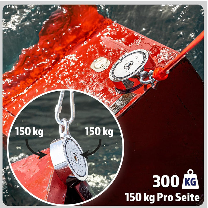 Magnetfischen Mega Set - 300 KG (2 x 150kg) - Ø60mm - Neodym Magnet mit 2 Seilen, Greifhaken & Hands