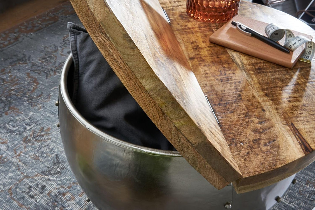 FineBuy Couchtisch Mango Massivholz/Metall 60x43x60 cm Industrial Style Rund | Design Wohnzimmertisc