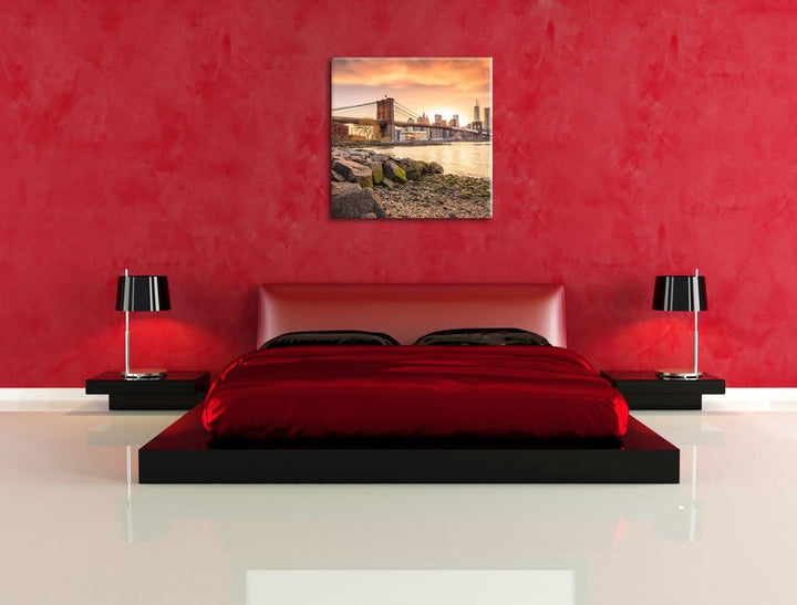 Pixxprint Brooklyn Bridge Sonnenuntergang als Leinwandbild/Grösse: 70x70 cm/Wandbild/Kunstdruck/fert