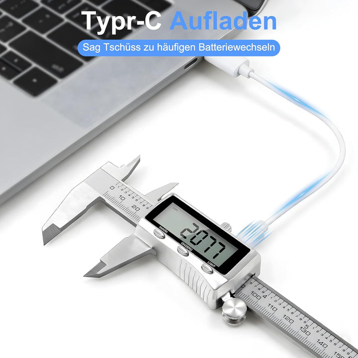 Digitaler Messschieber 150mm Edelstahl, USB-C Wiederaufladbar, IP54 Schutz, ±0,02 mm Präzision, Schi