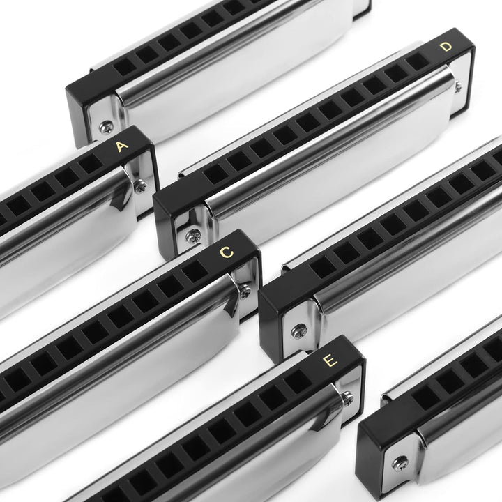 East Top 7 Tasten Mundharmonikaset verpackt, 7-Pack 10 Löcher 20 Töne Blues Diatonic Harmonica Für E
