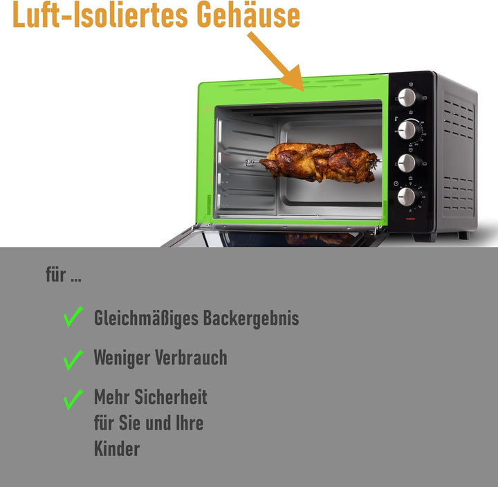 Minibackofen 45 Liter mit Glasfront und 2.000 Watt | Mini Backofen mit Umluft, Drehspiess und Krümel