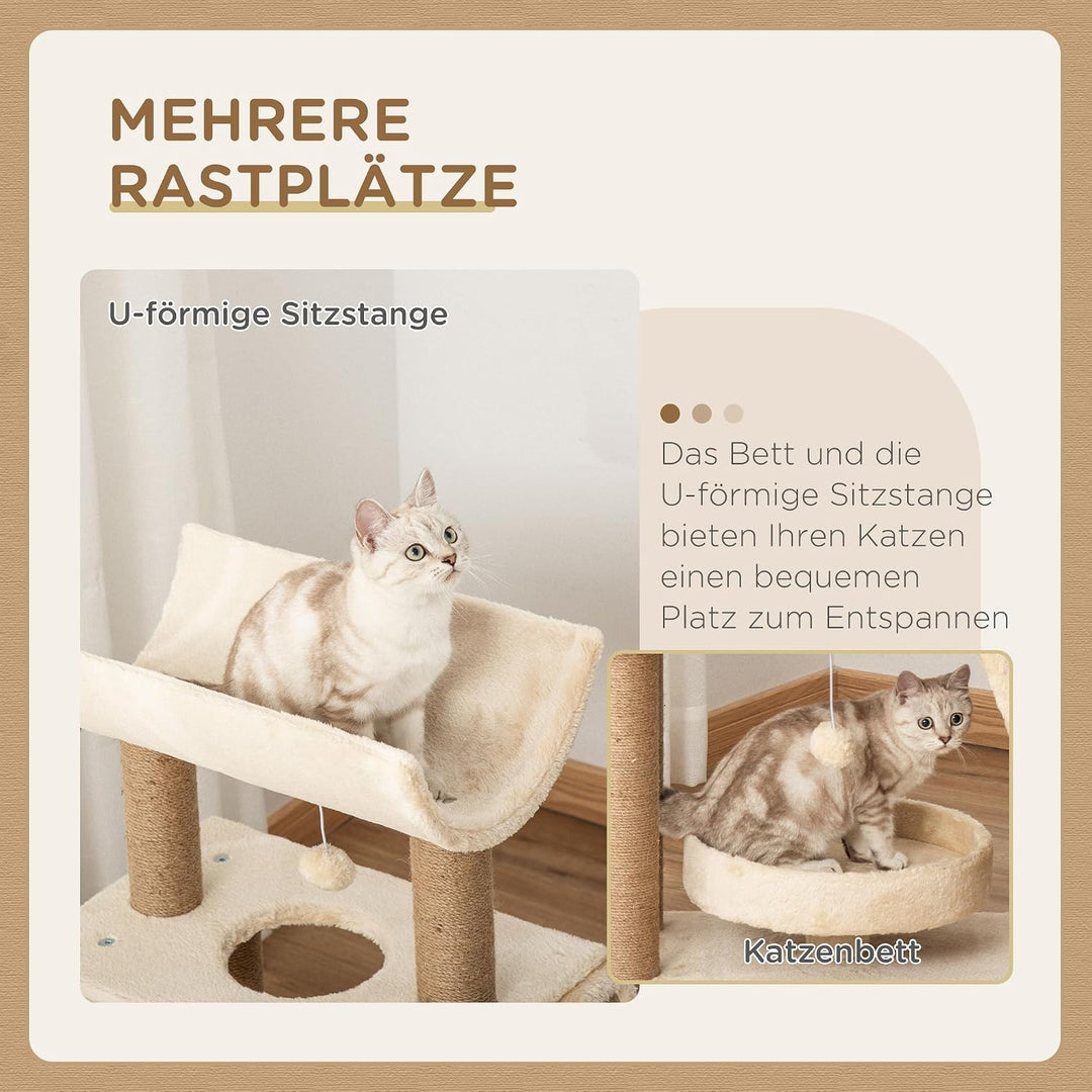 PawHut Kratzbaum mit 2 Spielball für Mittelgrosse Katzen 76 cm Hellbraun | Sisalstämme, Bett, Kratzb