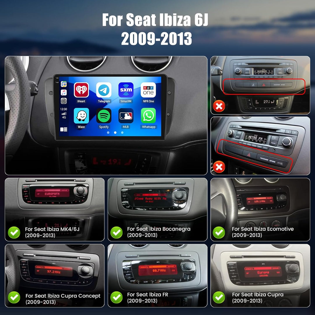 Hikity 4+128G Autoradio für Seat Ibiza 6J 2009-2013, 9" Bildschirm Radio mit Wireless CarPlay Androi