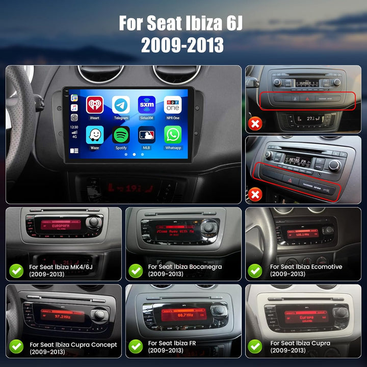 Hikity 4+128G Autoradio für Seat Ibiza 6J 2009-2013, 9" Bildschirm Radio mit Wireless CarPlay Androi