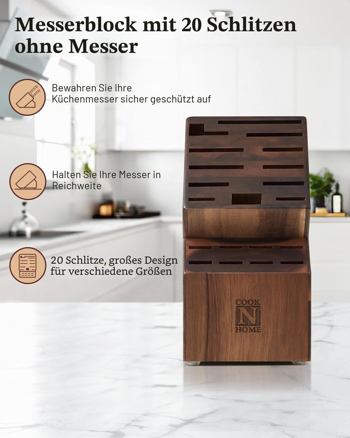 Cook N Home Messerblock aus Akazienholz, ohne Messer, 20 Schlitze, Universal-Messerhalter, Arbeitspl