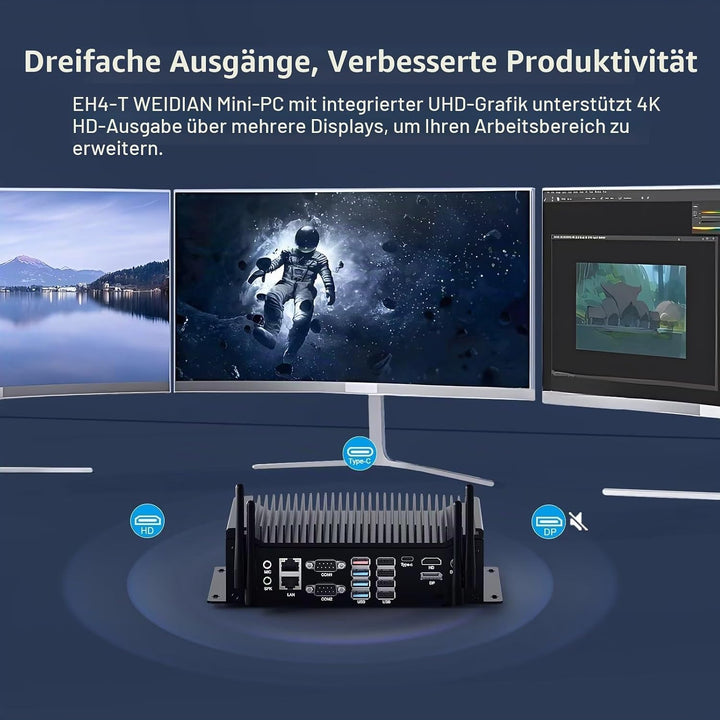 WEIDIAN Industrie PC, Mini PC Win 11 Pro Lüfterloser Core i7-10610U DDR4 8GB RAM 256GB M.2 SSD, 6 x