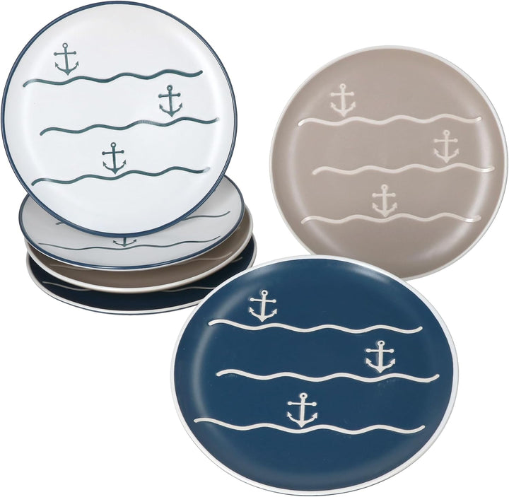MamboCat 6er Dessertteller Anker I 2X weiss, 2X beige, 2X blau I Keramik mit Ankermotiv I Ø 20,3 cm