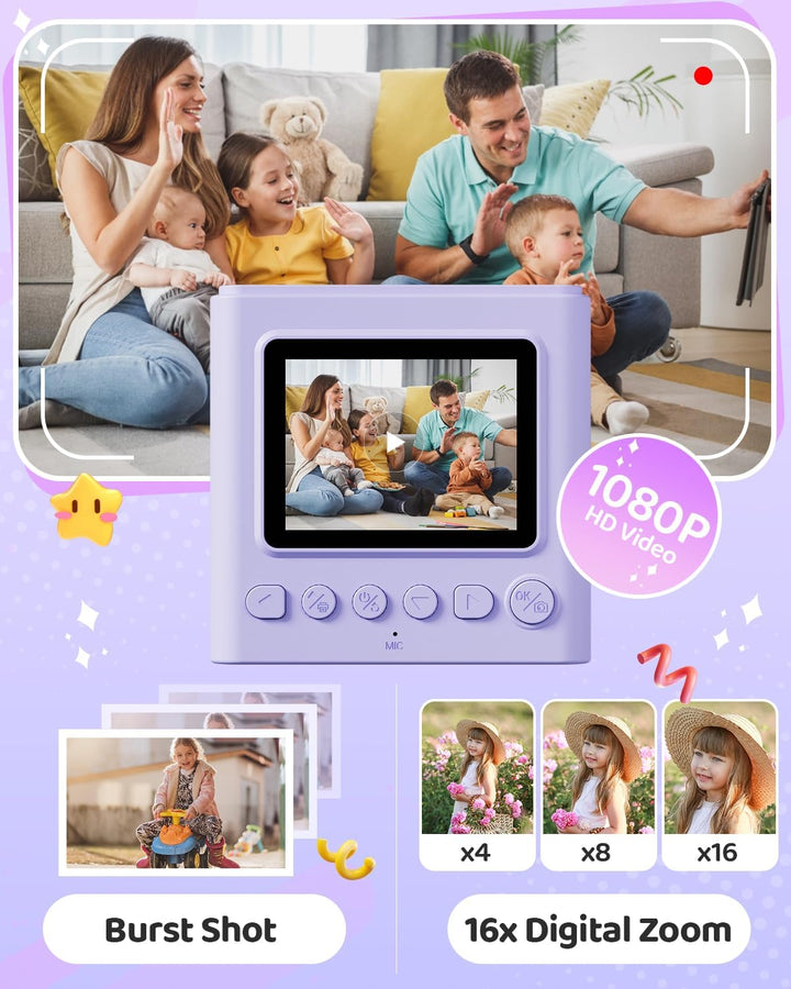 TIATUA Kinderkamera Sofortbildkamera, 2,4 Zoll Sofortbildkamera Kinder mit 32G Karte und Fotopapier