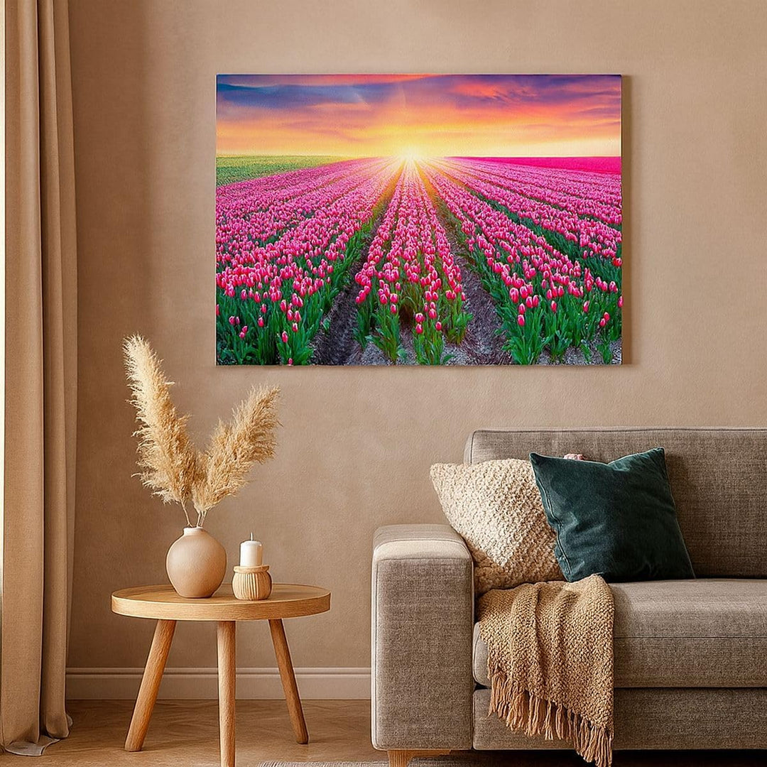 Bilder auf Leinwand 100x70cm Leinwandbild Wiese Tulpen Sonnenuntergang Frühling Gross Wanddeko Bild