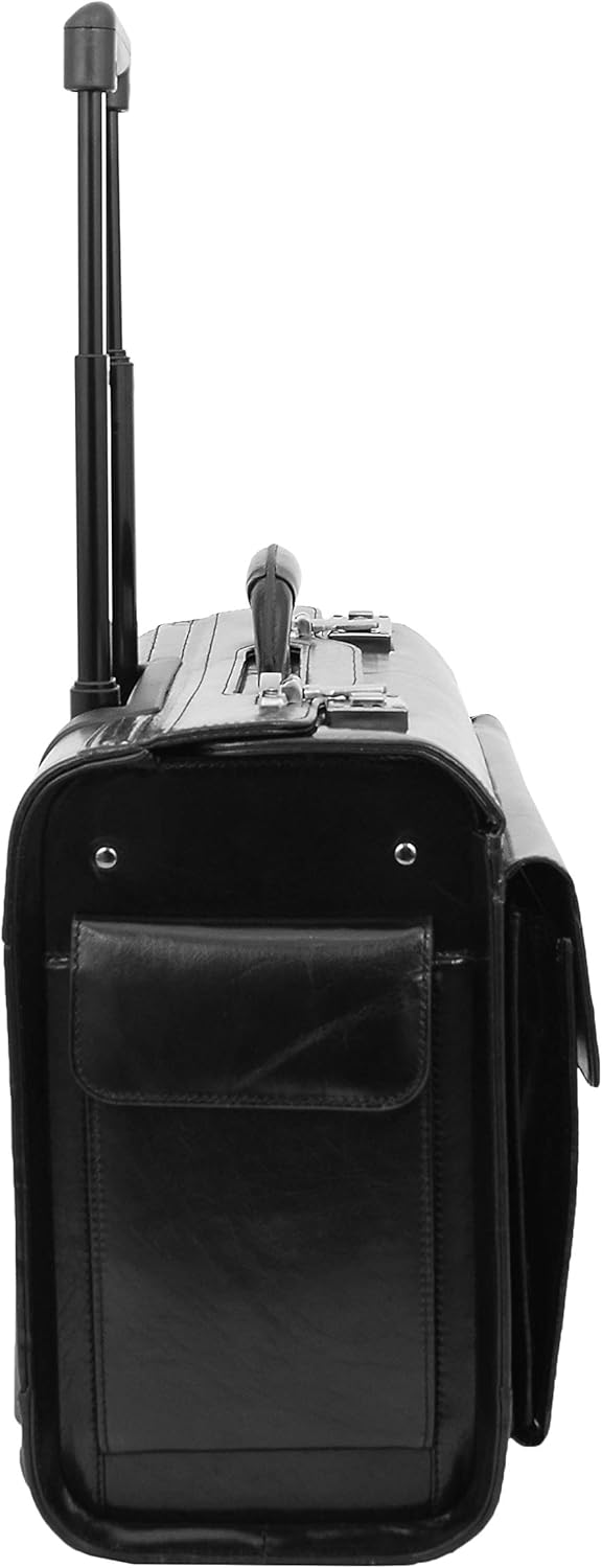 Pilotenkoffer aus echtem Leder mit Rollen, Schwarz