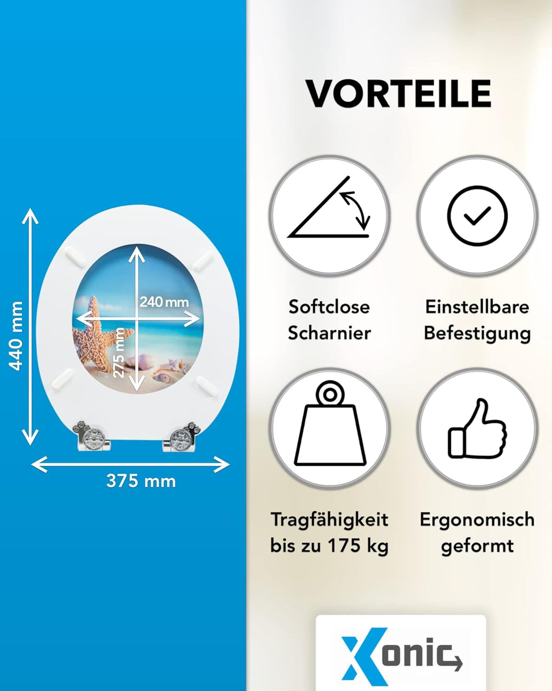 Xonic Design WC-Sitz - Premium Klo-Deckel - Toilettensitz mit Absenkautomatik - hochwertige Klobrill